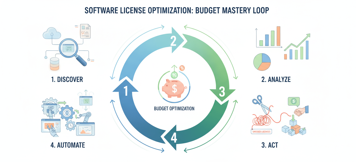 An infographic illustrating a continuous 4-step framework for software budget optimization: Discover, Analyze, Act, and Automate, showing icons representing each stage of the process.