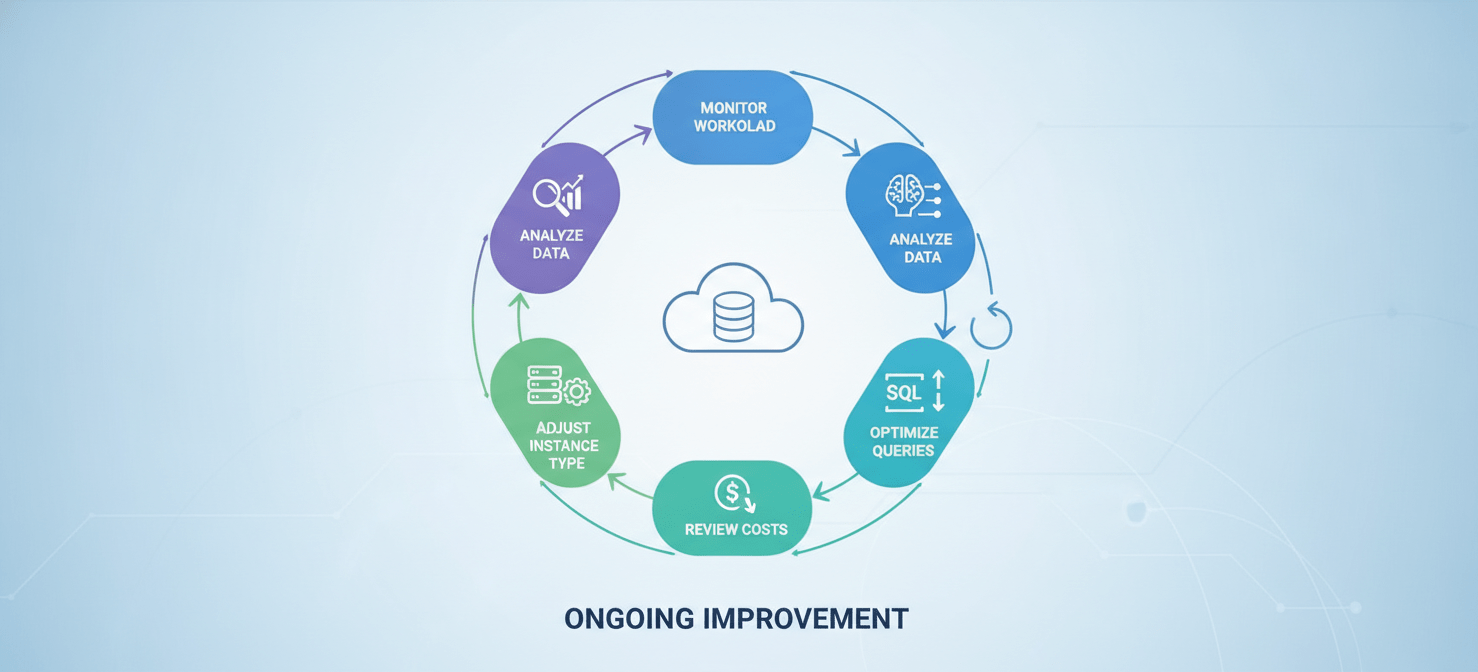 An infographic illustrating a continuous optimization cycle for cloud database management. The loop shows steps such as monitoring workload, analyzing data, adjusting instance types, reviewing costs, and optimizing queries, emphasizing that rightsizing is an ongoing process for efficiency.