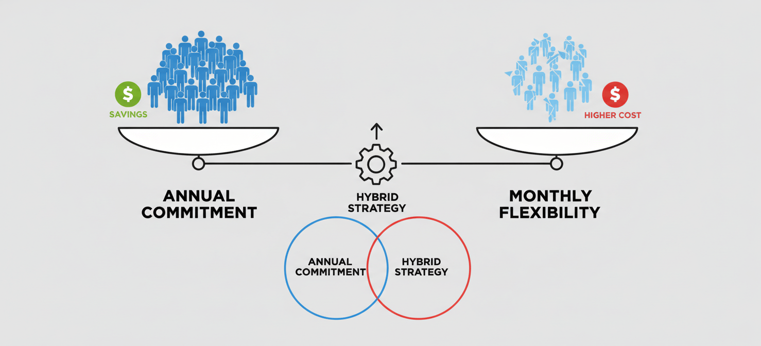 An infographic illustrating a hybrid strategy for Microsoft 365 licensing, balancing the cost savings of annual commitments for core staff with the flexibility of monthly subscriptions for temporary or fluctuating roles.