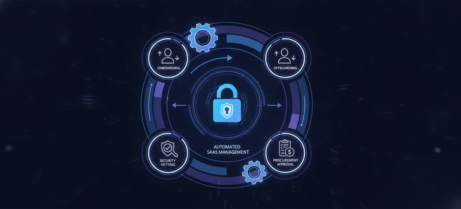 An infographic illustrating an automated and secure SaaS management workflow. It depicts interconnected processes for procurement approval, security vetting, and automated onboarding/offboarding, highlighting how continuous systemization prevents sprawl and enhances security for startup operations.