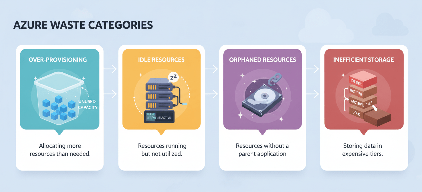 An infographic illustrating common types of Azure waste, including over-provisioned virtual machines, idle development environments, orphaned storage disks, and data stored in inefficiently high-cost storage tiers.