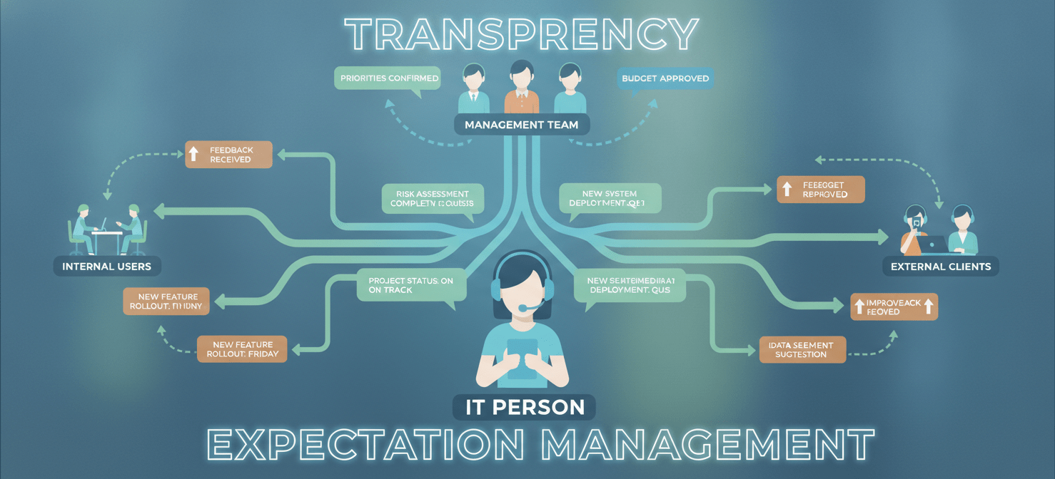 An infographic illustrating effective communication channels from an IT professional to both leadership and end-users, emphasizing clear reporting, expectation management, and empathetic user support.