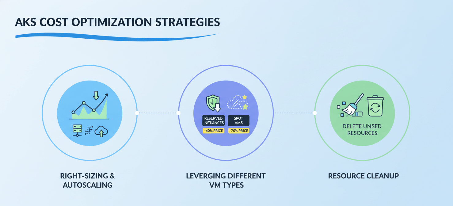 An infographic illustrating effective strategies for optimizing AKS costs, including right-sizing virtual machines and implementing autoscaling, leveraging cost-saving VM types like Reserved Instances and Spot VMs, and diligent resource cleanup and management.