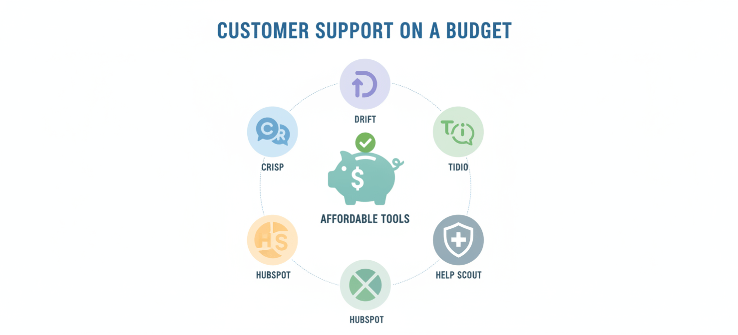 An infographic illustrating five distinct, cost-effective customer support platforms, each represented by a unique icon, circling a central budget symbol, emphasizing diverse and affordable choices for startups.