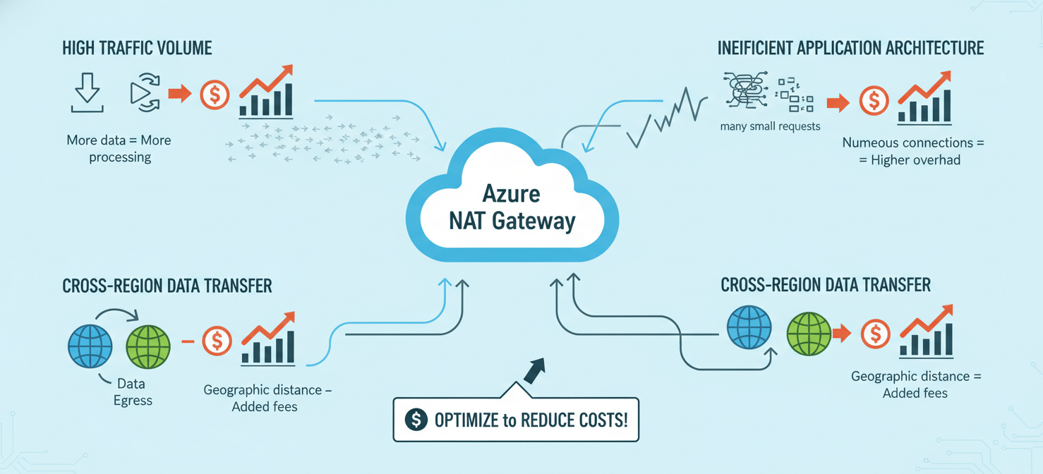 An infographic illustrating key factors that increase data processed costs for Azure NAT Gateway, including high traffic volume from applications, inefficient application architecture leading to excessive requests, and data transfers occurring across different Azure regions.