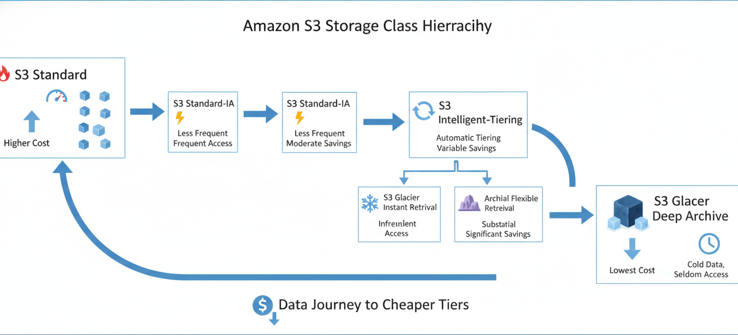 An infographic illustrating the Amazon S3 storage class lifecycle, showing data transitioning from S3 Standard to S3 Standard-IA, S3 Intelligent-Tiering, S3 Glacier Instant Retrieval, S3 Glacier Flexible Retrieval, and S3 Glacier Deep Archive, highlighting cost savings at each subsequent tier.