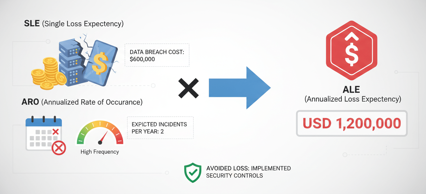 An infographic illustrating the Annualized Loss Expectancy (ALE) formula, showing how Single Loss Expectancy (SLE) multiplied by Annualized Rate of Occurrence (ARO) quantifies the potential financial impact of security incidents.