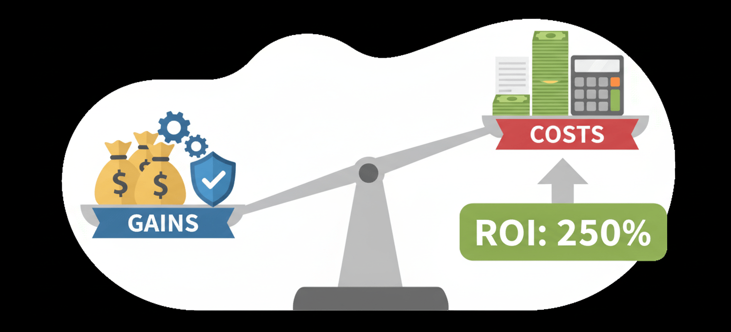 An infographic illustrating the calculation of Microsoft 365 license ROI, showing a balance scale where quantifiable gains (cost savings, productivity, risk reduction) outweigh the total cost of investment, leading to a positive return.