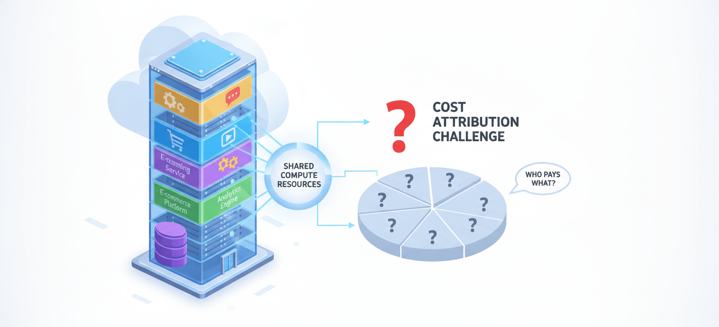 An infographic illustrating the challenge of shared cloud resources, where a single virtual machine or cluster hosts multiple distinct applications from different teams. Each application is represented by a unique icon, all drawing from the same pool of CPU, memory, and network resources. The image highlights the difficulty in precisely attributing the underlying infrastructure cost to each individual application, emphasizing the need for advanced allocation strategies.