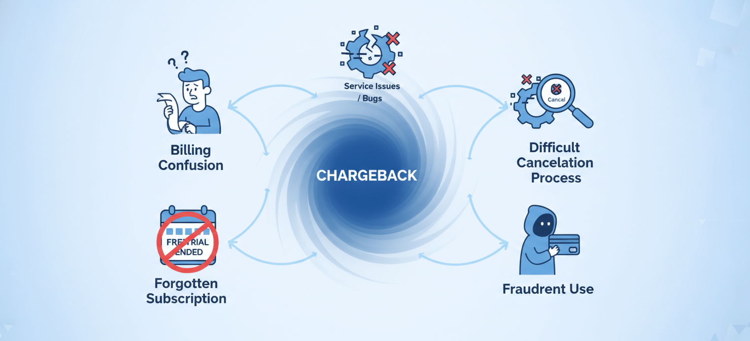 An infographic illustrating the common reasons behind SaaS chargebacks, including unrecognized transactions, forgotten subscriptions, service dissatisfaction, cancellation confusion, true fraud, and friendly fraud, all converging towards a central "Chargeback" point.