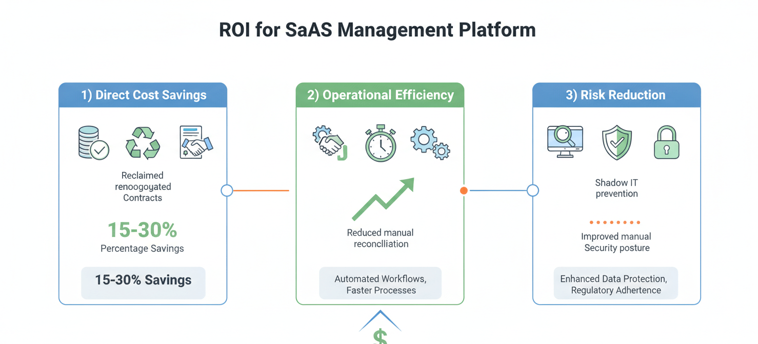 An infographic illustrating the compelling ROI for a saas management platform, broken down into three key areas: direct cost savings from optimization, increased operational efficiency through automation, and reduced financial and security risks. It provides a visual framework for building a strong business case.