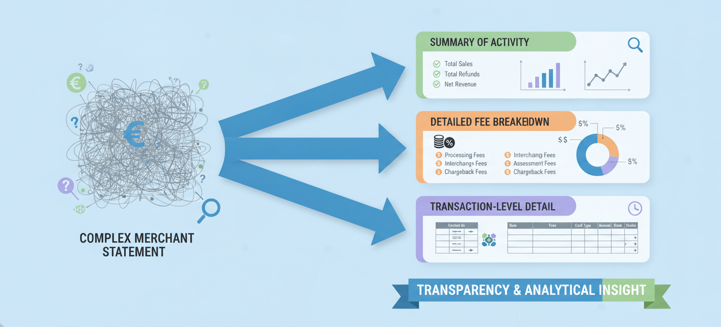 An infographic illustrating the deconstruction of a typical merchant processing statement. It visually separates the statement into three key sections: a high-level summary of total sales and fees, a detailed breakdown of various charges, and granular transaction-level data. Arrows and labels highlight how to navigate these sections to calculate an effective rate and identify cost components, providing a roadmap for financial professionals to gain clarity from complex billing.