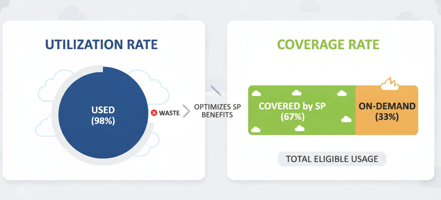 An infographic illustrating the difference between Savings Plan utilization rate (how much of your commitment is used) and coverage rate (how much of your eligible usage is discounted), crucial metrics for optimizing AWS cloud spend.