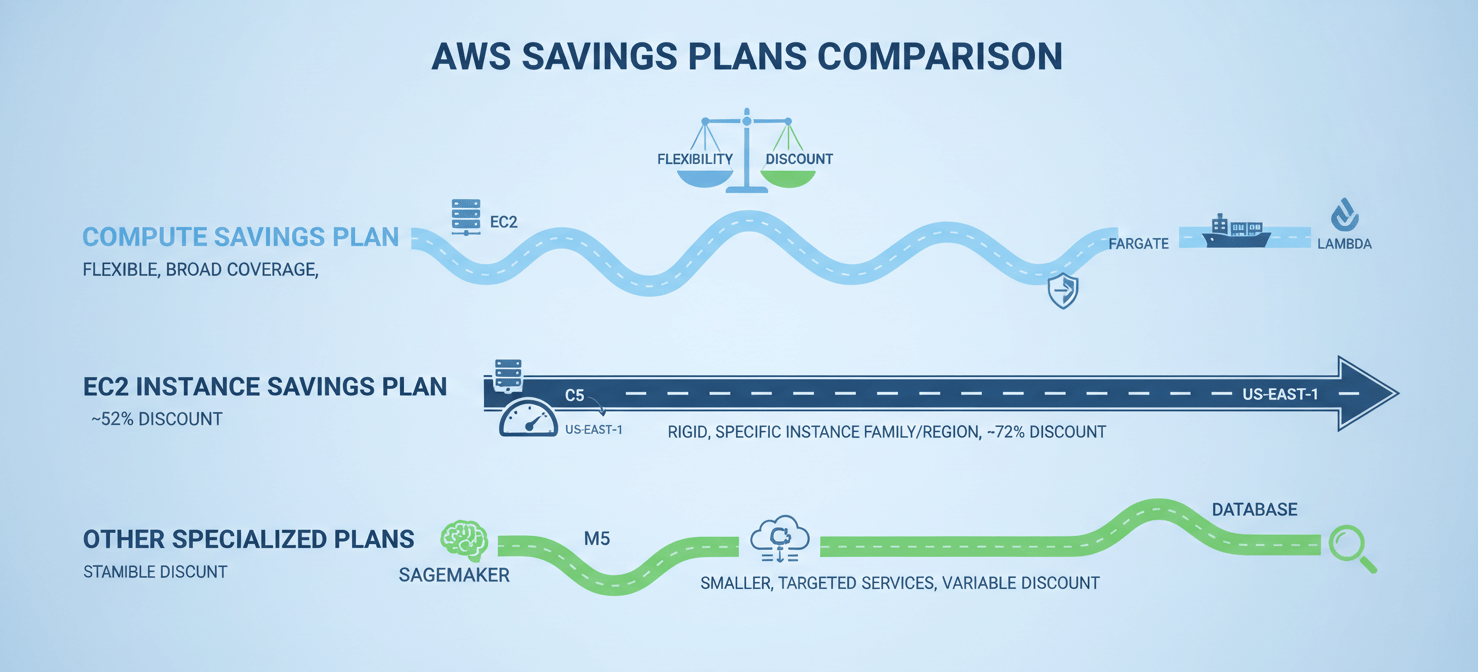 An infographic illustrating the different types of AWS Savings Plans. One path, labeled 'Compute Savings Plan', shows a flexible route covering various AWS services like EC2, Fargate, and Lambda. Another, 'EC2 Instance Savings Plan', depicts a more direct, high-speed route for specific EC2 instance families. A third, 'Other Specialized Plans', branches off for services like SageMaker. The visual highlights the trade-offs between flexibility and discount levels for each plan type.
