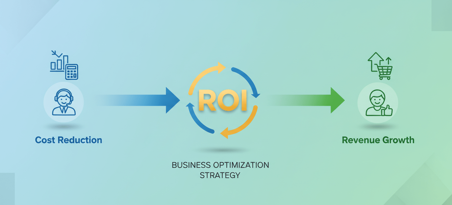 An infographic illustrating the dual nature of AI chatbot returns, showing distinct paths for 'Cost Reduction' through efficiency gains and 'Revenue Growth' via improved customer engagement and sales, all contributing to overall ROI.