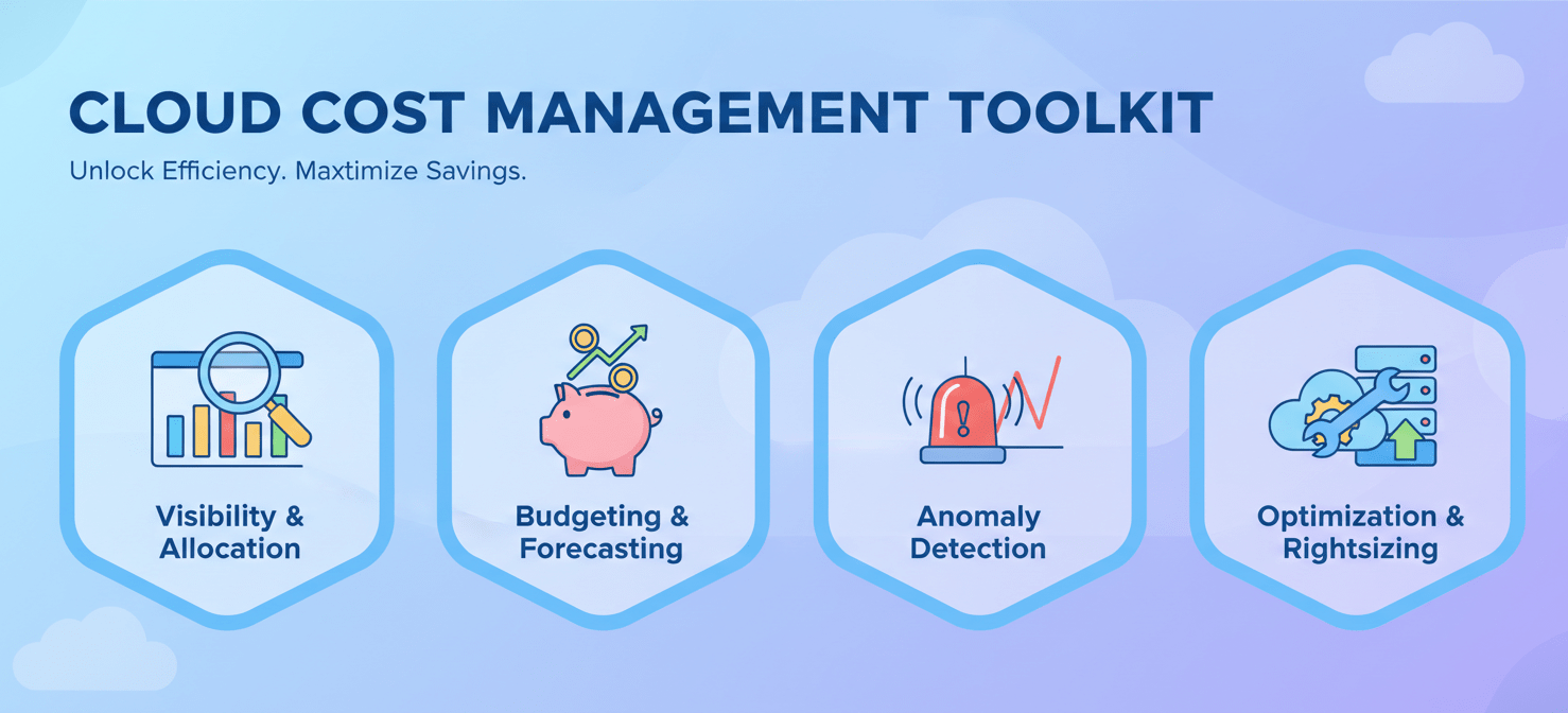 An infographic illustrating the essential features of effective cloud financial management software, including cost visibility, budgeting, anomaly detection, and optimization recommendations for resource rightsizing.