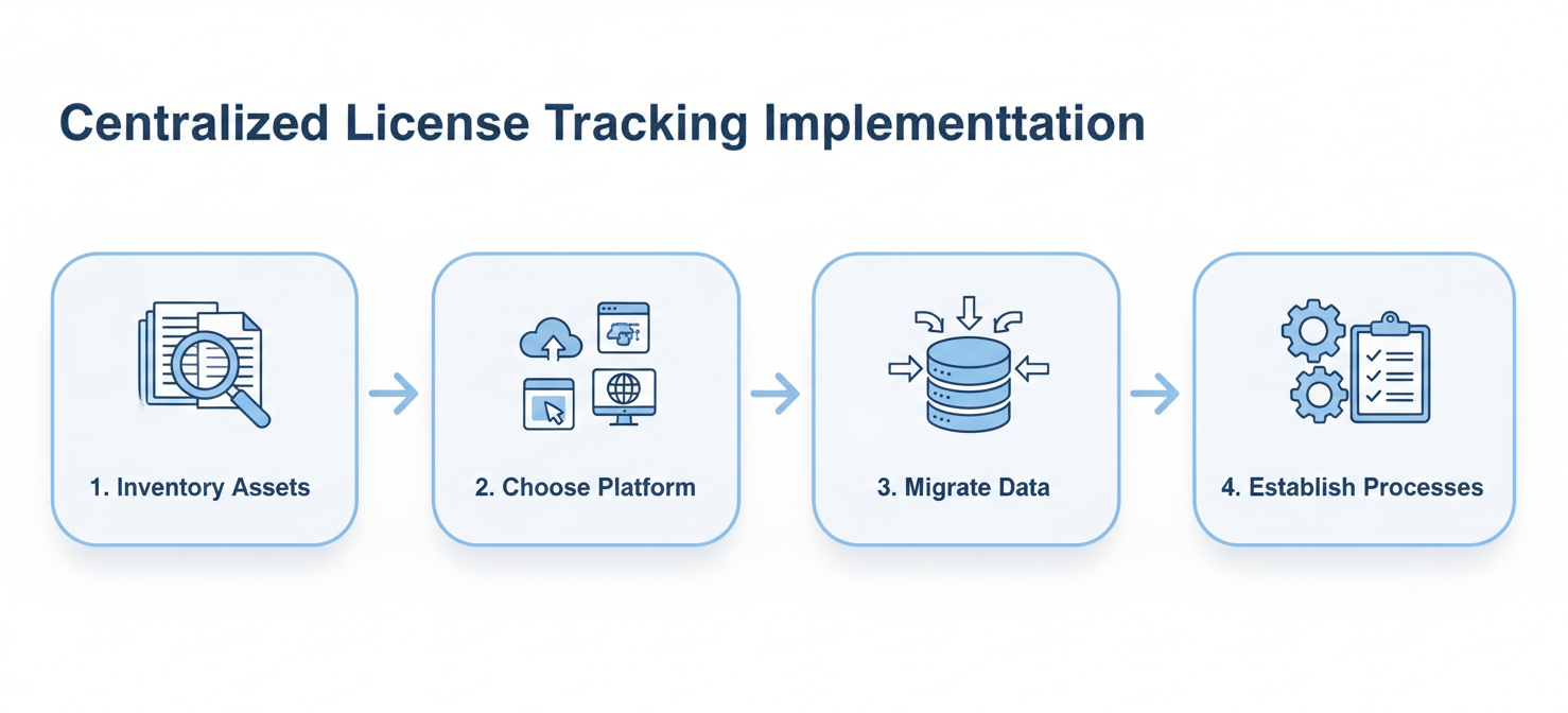 An infographic illustrating the four key steps to implement centralized license tracking: conducting a comprehensive inventory of assets, choosing a suitable centralized platform, migrating and validating data, and establishing clear processes and responsibilities for ongoing management.