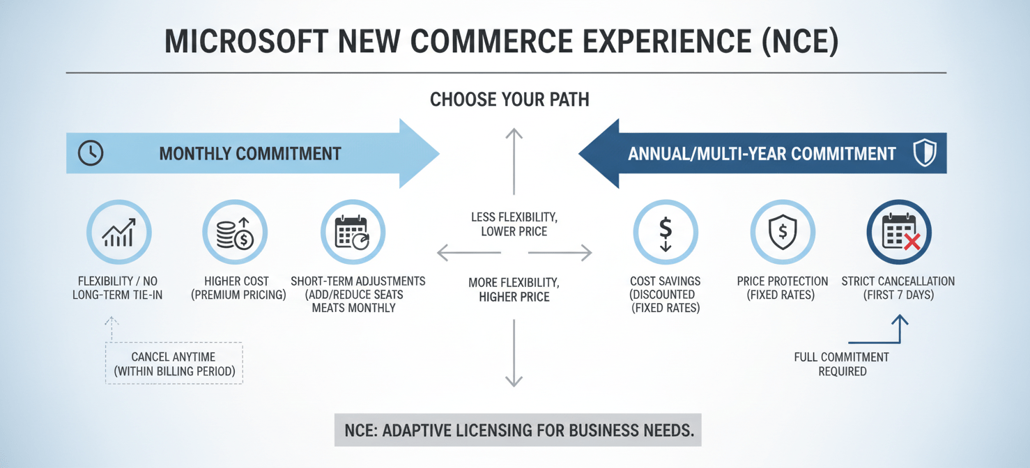 An infographic illustrating the key differences between monthly and annual commitments under Microsoft's New Commerce Experience (NCE), highlighting aspects like pricing, flexibility, and cancellation policies for Microsoft 365 subscriptions.