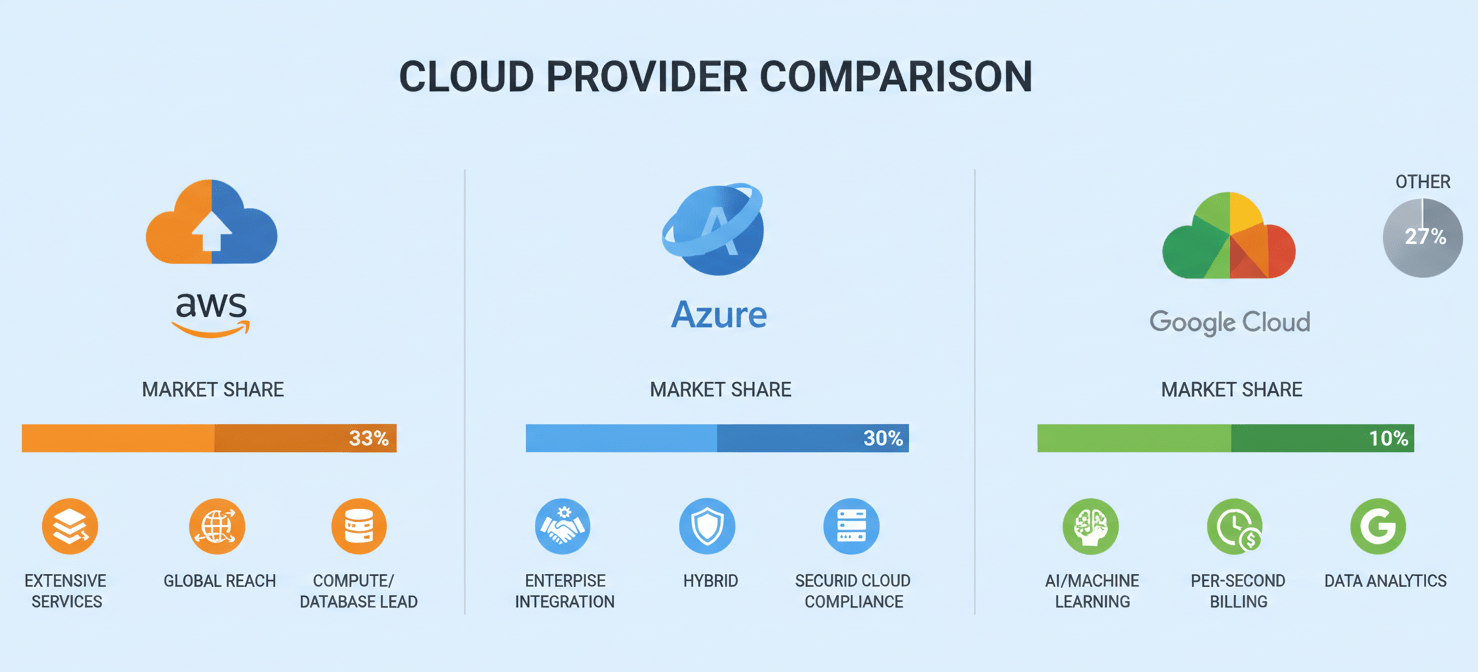 An infographic illustrating the market share and key pricing philosophies of the three major cloud providers: AWS, Microsoft Azure, and Google Cloud Platform, highlighting their distinct offerings and enterprise appeal.