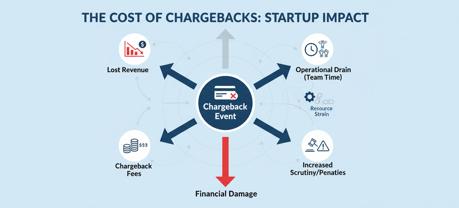 An infographic illustrating the multifaceted real costs of a chargeback for a SaaS startup, including lost revenue, non-refundable fees, significant operational drain on team resources, and potential penalties from payment networks.