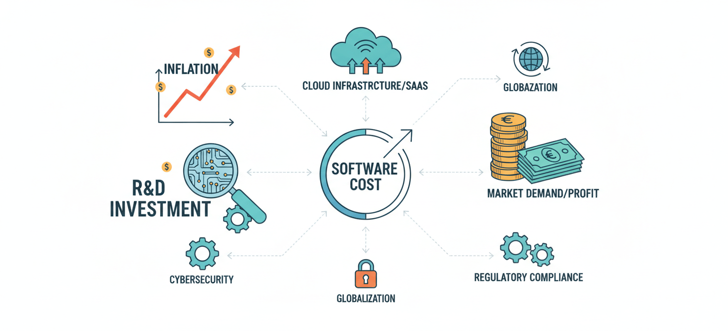 An infographic illustrating the multiple drivers behind software price increases, including inflation, increased research and development, rising cloud infrastructure costs, and market dynamics, all contributing to higher software expenditures.