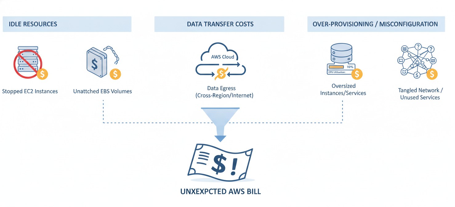 An infographic illustrating the primary reasons for sudden AWS bill increases, including idle EC2 instances, unattached EBS volumes, and unused Elastic IPs under 'Idle Resources'. It also highlights data transfer costs for egress and inter-region movement, alongside over-provisioning and misconfigured services like oversized EC2 instances and excessive CloudWatch logging. This visual breakdown helps users quickly grasp common cost drivers.