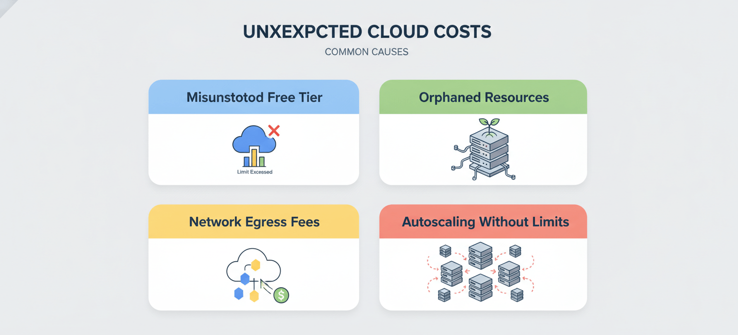 An infographic illustrating the primary reasons for unforeseen cloud expenses, including exceeding free tier limits, forgotten or unattached resources like persistent disks, high data egress costs, and uncontrolled autoscaling of instances. Each cause is represented by a distinct icon, providing a quick visual summary of common cloud cost pitfalls.