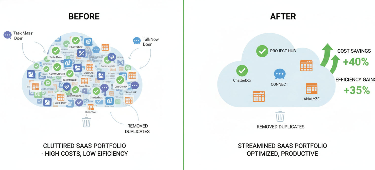 An infographic illustrating the process of SaaS portfolio rationalization, showing a transition from a cluttered array of redundant applications to a streamlined, optimized set of essential tools, emphasizing the elimination of duplicate functionalities and cost savings.