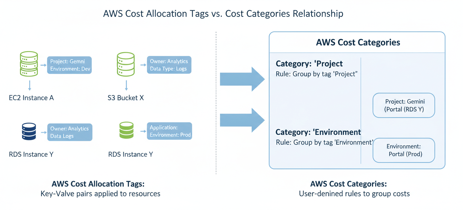 An infographic illustrating the relationship between AWS Cost Allocation Tags and AWS Cost Categories, showing how resource-level tags feed into higher-level, rule-based cost categories for organized financial reporting.