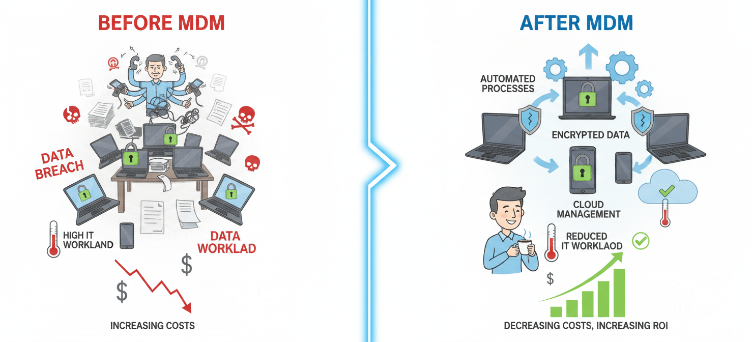 An infographic illustrating the Return on Investment (ROI) of an MDM solution, contrasting manual, insecure processes with automated, secure operations, highlighting efficiency gains and cost avoidance through enhanced security.