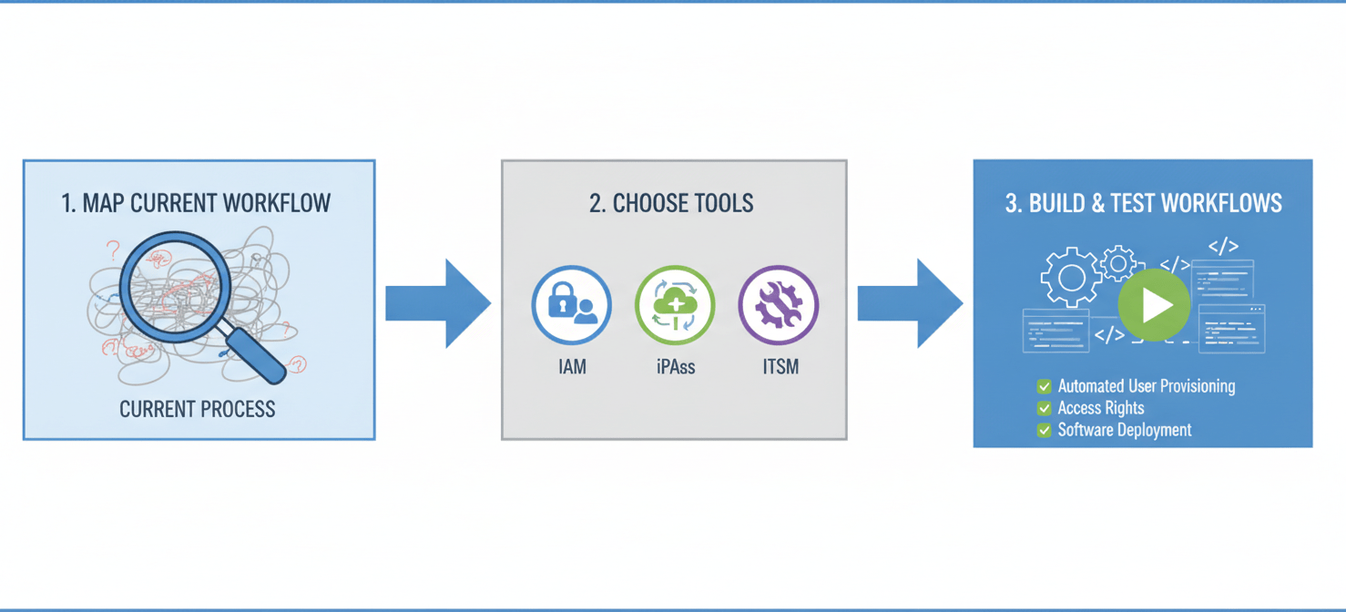 An infographic illustrating the step-by-step process to automate the IT onboarding process, starting with mapping the current workflow, selecting appropriate automation tools, and then building and rigorously testing the new automated workflows.