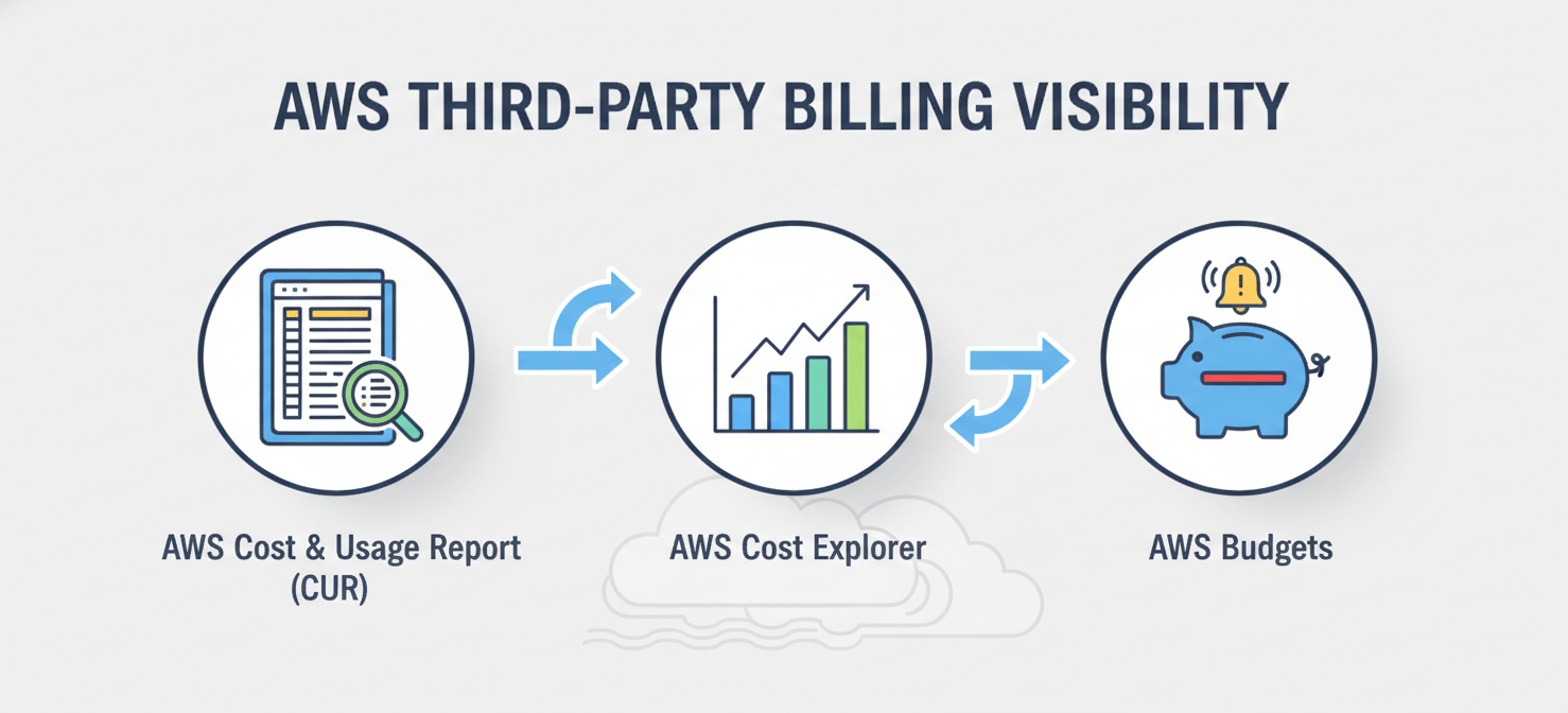 An infographic illustrating the synergy of AWS cost management tools—Cost Explorer, AWS Budgets, and AWS Cost and Usage Report (CUR)—working together to provide comprehensive visibility and control over AWS third party billing. The diagram shows data flow and how each tool contributes to monitoring and managing third-party software expenses.