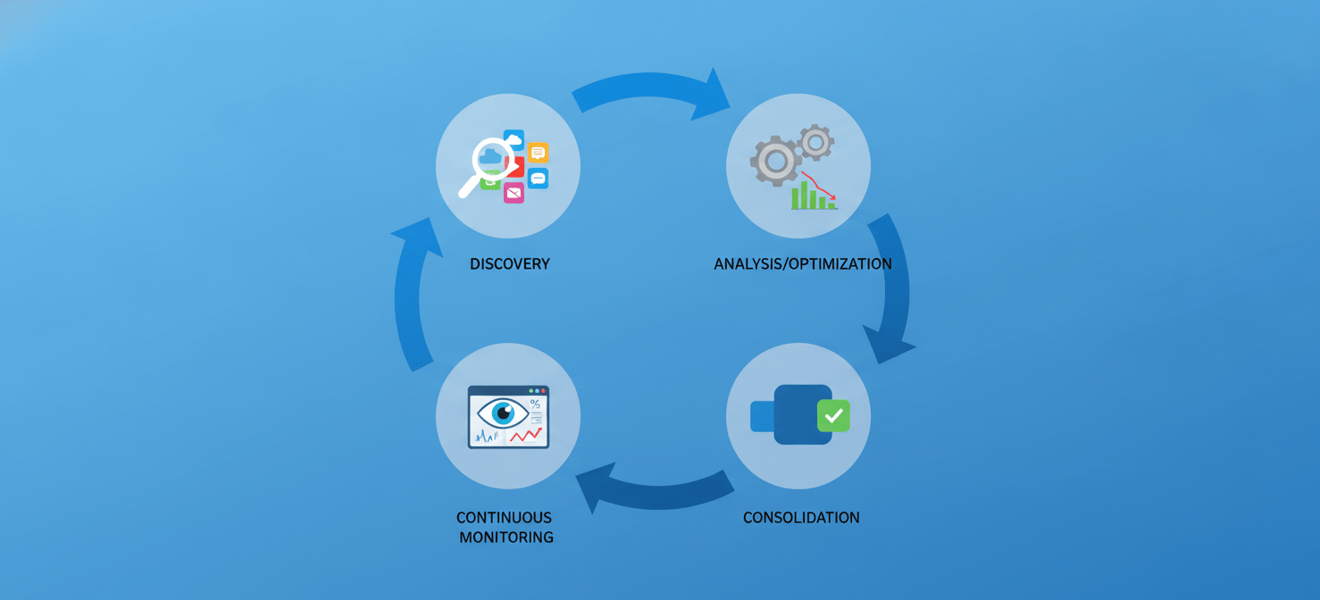 An infographic illustrating the systematic approach to managing SaaS expenses. It depicts a four-stage cycle: discovering all applications, analyzing their usage for optimization, consolidating redundant tools, and continuously monitoring spending. This visual guide highlights the comprehensive process of gaining control over software subscriptions and ensuring value.