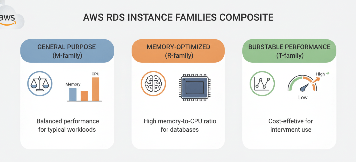 An infographic illustrating the three main AWS RDS instance families: General Purpose (M-family) with balanced resources, Memory-Optimized (R-family) for high RAM needs, and Burstable Performance (T-family) for variable workloads. Each family is represented by an icon and a brief description of its typical use case.