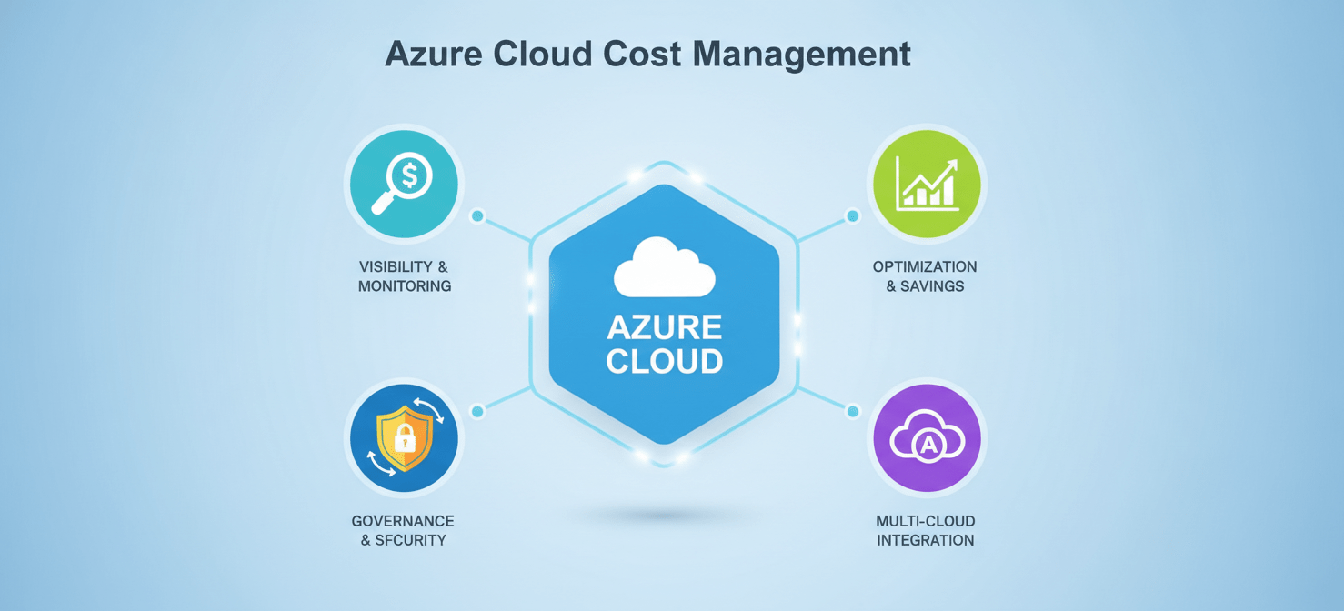 An infographic illustrating the top five third-party cloud cost optimization tools, each represented by a unique icon symbolizing their core strengths like multi-cloud governance, automation, granular allocation, and advanced analytics. The visual emphasizes how these platforms extend native Azure capabilities for deeper insights and control.