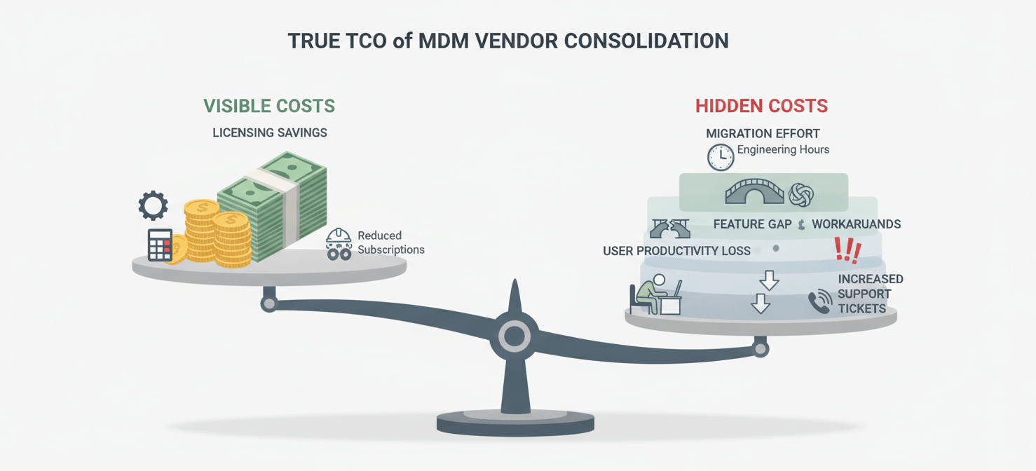 An infographic illustrating the true total cost of ownership (TCO) for MDM vendor consolidation, balancing visible savings from licensing against hidden costs such as migration efforts, feature gap workarounds, potential user productivity loss, and increased support tickets.