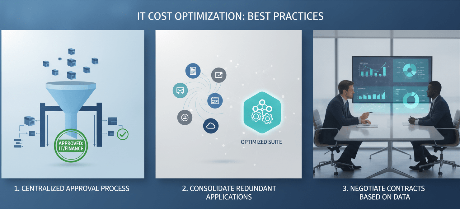 An infographic illustrating three best practices for managing SaaS licenses: establishing a centralized approval process, consolidating redundant applications, and negotiating contracts using data-driven insights.