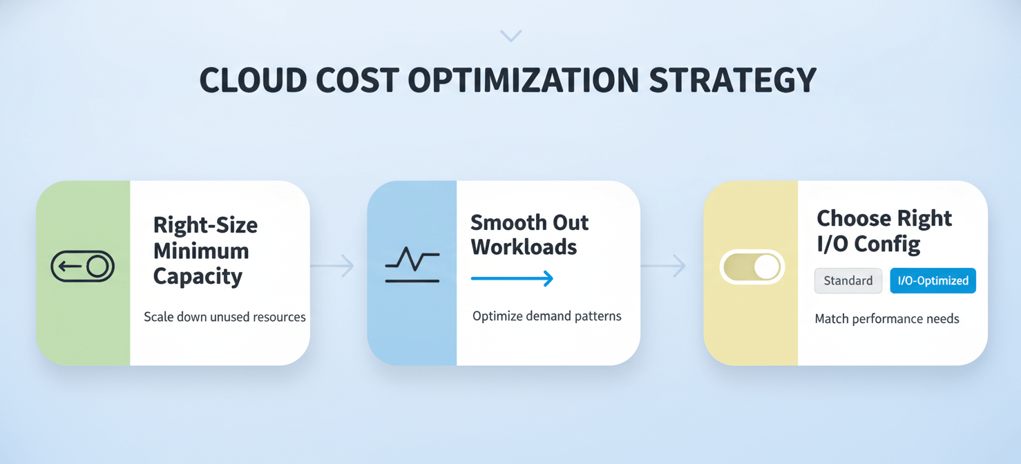 An infographic illustrating three strategic actions for optimizing Aurora Serverless v2 costs: adjusting the minimum capacity to the lowest practical setting, smoothing out spiky application workloads to reduce peak usage, and selecting the most cost-effective I/O configuration (Standard vs. I/O-Optimized) based on usage patterns.