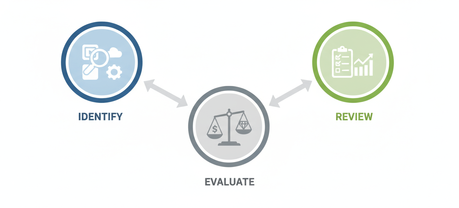 An infographic illustration detailing the systematic process of identifying, reviewing, and evaluating an organization's recurring subscription-based services, highlighting the steps involved in gaining a clear picture of the entire SaaS portfolio.