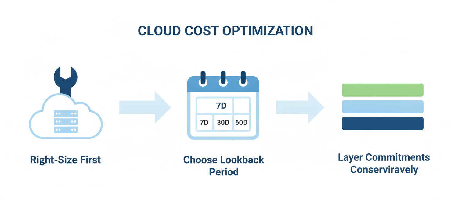 An infographic illustration outlining a practical, multi-step framework for evaluating AWS Savings Plan recommendations. It visually represents three key stages: 'Right-Size First' with an icon of a wrench optimizing a server, 'Choose the Right Lookback Period' with a calendar icon, and 'Layer Commitments Conservatively' with stacked blocks. Arrows indicate the sequential flow of these critical steps for informed decision-making.