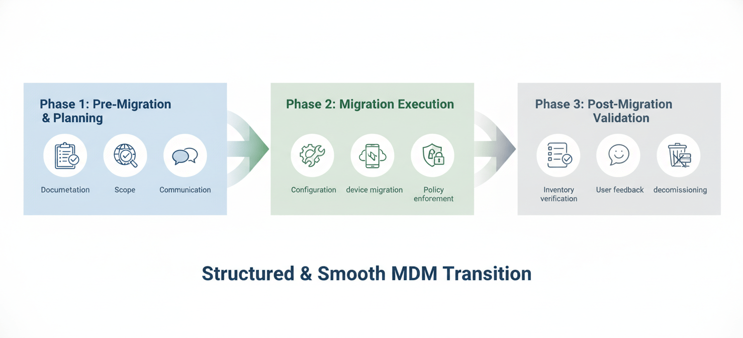 An infographic outlining a three-phase process for a smooth MDM migration. Phase 1 covers pre-migration planning, including documentation and scope definition. Phase 2 details migration execution, focusing on configuration and device enrollment. Phase 3 addresses post-migration validation, ensuring inventory verification and gathering user feedback, illustrating a comprehensive approach to transition.