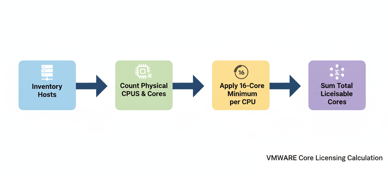 An infographic outlining the step-by-step process to calculate new vmware core licensing costs. It guides users through inventorying ESXi hosts, counting physical CPU cores, applying the mandatory 16-core minimum per CPU, and summing the total licensable cores to determine their subscription requirements.