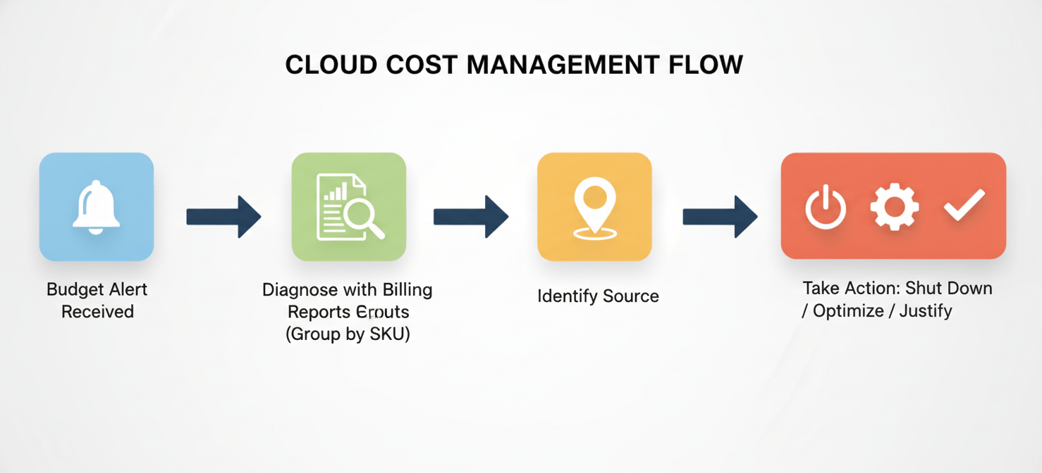 An infographic outlining the steps to take when exceeding the GCP Free Tier: receive a budget alert, diagnose the issue using billing reports grouped by SKU, identify the specific cost source, and then take action such as shutting down, optimizing, or justifying the resource. This helps address a 'GCP billing estimate wrong' situation effectively.