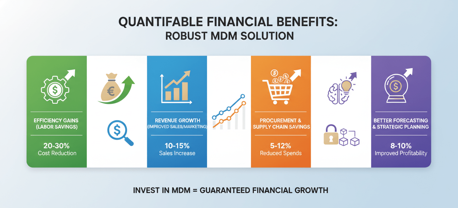 An infographic showcasing the quantifiable financial benefits derived from a robust MDM solution. Key elements include upward trend arrows for efficiency gains (reduced manual labor), revenue growth (improved sales/marketing), procurement savings (better vendor management), and enhanced strategic planning through accurate data analytics, all contributing to a strong return on investment and a positive total cost of ownership.