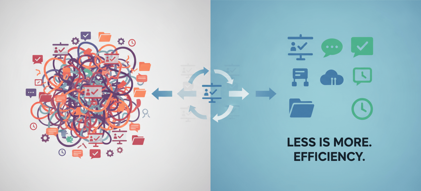 An infographic-style illustration demonstrating the rationalization of a SaaS stack. It shows a messy group of redundant software tools being streamlined into a smaller, organized set of essential applications, symbolizing the process of eliminating duplicates and right-sizing licenses for efficiency and cost savings.
