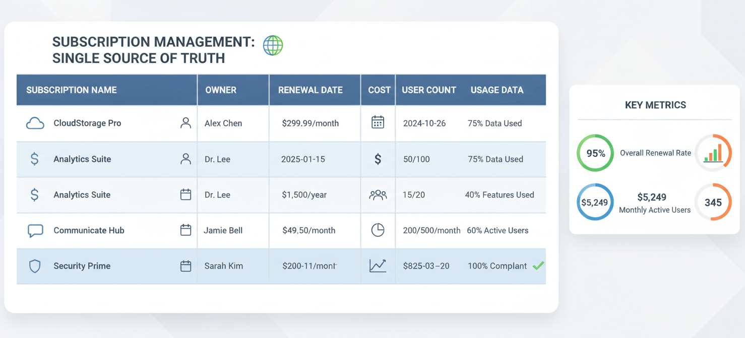 An infographic-style illustration of a digital dashboard displaying key data points for multiple software subscriptions. Columns include subscription name, owner, renewal date, billing cycle, cost, user count, and usage data, highlighting the essential information needed for effective subscription management.