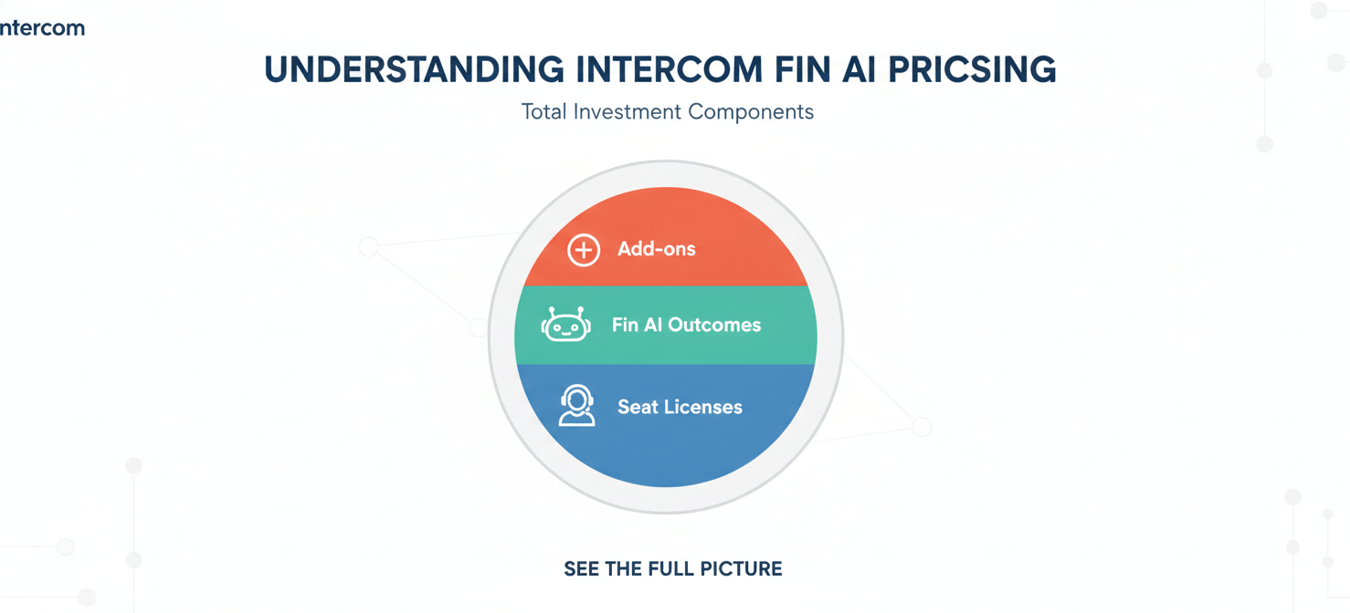 An infographic-style illustration summarizing the total cost components of Intercom Fin AI pricing. It visually breaks down the overall investment into human agent seat licenses, usage-based Fin AI successful outcomes, and optional add-ons, providing a comprehensive overview of the hybrid billing model discussed in the article's conclusion.