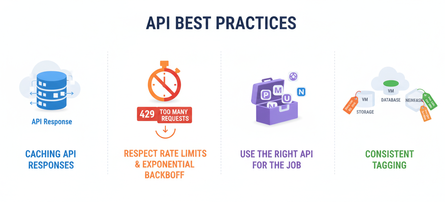 An infographic summarizing best practices for effective cost management using the API. It visually represents caching API responses to improve performance, implementing exponential backoff to respect rate limits, selecting the appropriate API (Query vs. Exports) for specific tasks, and the critical importance of consistent resource tagging for accurate cost allocation and analysis.