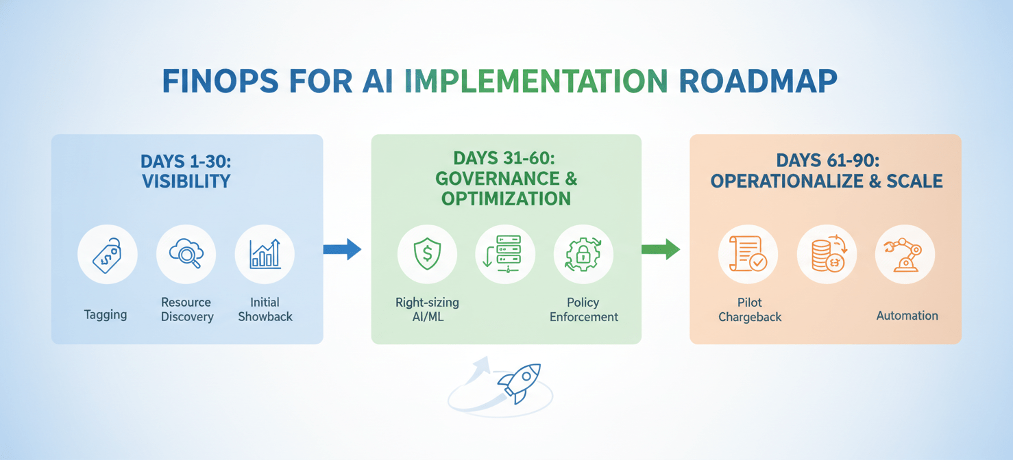 An infographic timeline outlining a 90-day roadmap for implementing a FinOps for AI framework. It's divided into three phases: 'Days 1-30: Visibility' (tagging, initial showback), 'Days 31-60: Governance & Optimization' (budgets, alerts, right-sizing), and 'Days 61-90: Operationalize & Scale' (formal showback, pilot chargeback, automation). Each phase includes relevant icons, illustrating a structured approach to building AI cost management capabilities.
