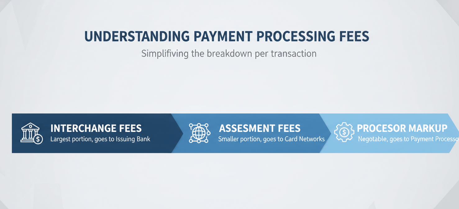 An infographic visually breaking down payment processing fees into three main components: interchange fees paid to the issuing bank, assessment fees paid to card networks, and the processor's markup, illustrating their relative proportions and recipients.